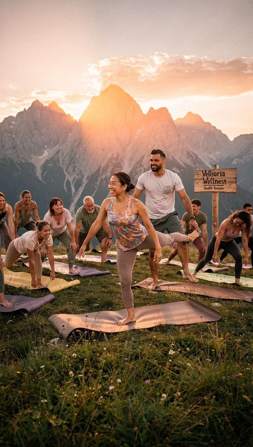 A scenic pathway leading to a health tourism destination, lined with vibrant flowers and natural beauty.